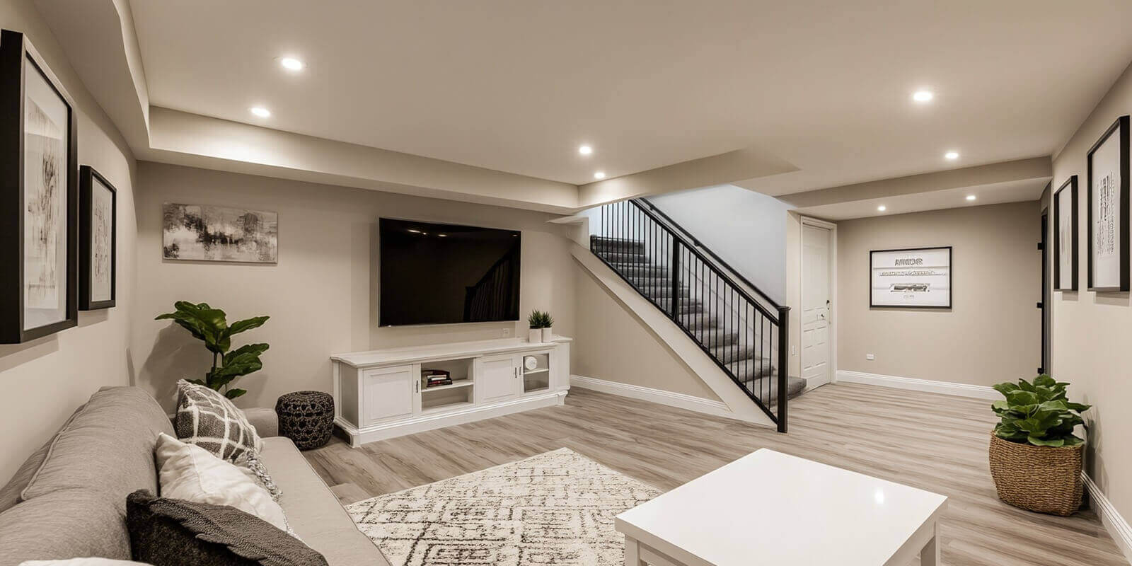 beautifully renovated basement with a white countertop and a stylish staircase, providing an inviting atmosphere in a spacious layout