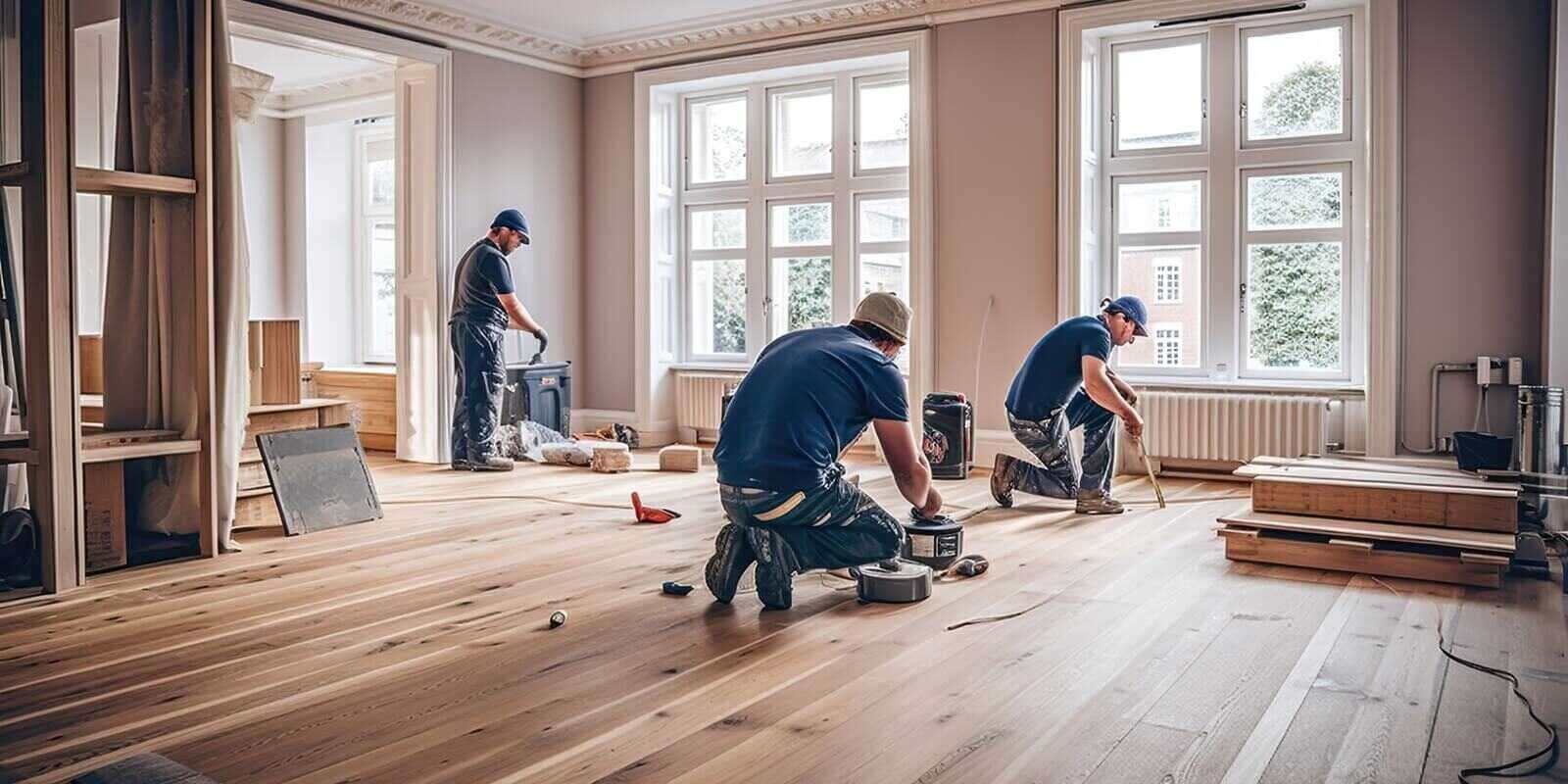 builders skillfully installing wooden flooring in a living room