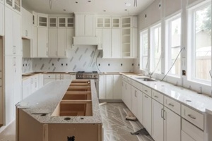 modern kitchen under renovation with white cabinets and a large island