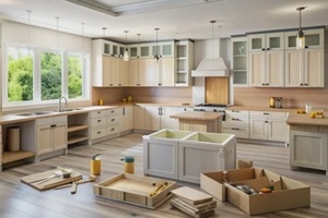 unassembled kitchen cabinets and countertops scattered across the floor, awaiting installation