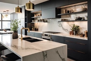 contemporary, chic kitchen featuring stylish black and white cabinets, golden fixtures, and marble tiles