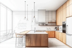 kitchen design sketch with wooden cabinets and island