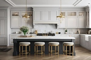 luxurious kitchen with a large island, gold faucet and sputnik chandelier, stainless steel appliances