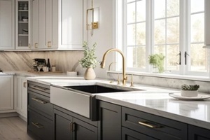 luxurious kitchen with a large island, gold faucet and sputnik chandelier, stainless steel appliances