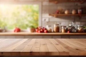 wooden table on blurred kitchen bench background