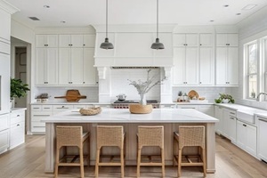 white theme kitchen with island and cabinets