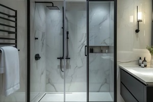 elegant and contemporary ambiance in a spacious bathroom with a walk-in shower adorned with marble tiles and black fixtures