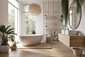 elegant bathroom with white and beige walls, white basin with oval mirror, bathtub, shower, plants, and dark parquet floor