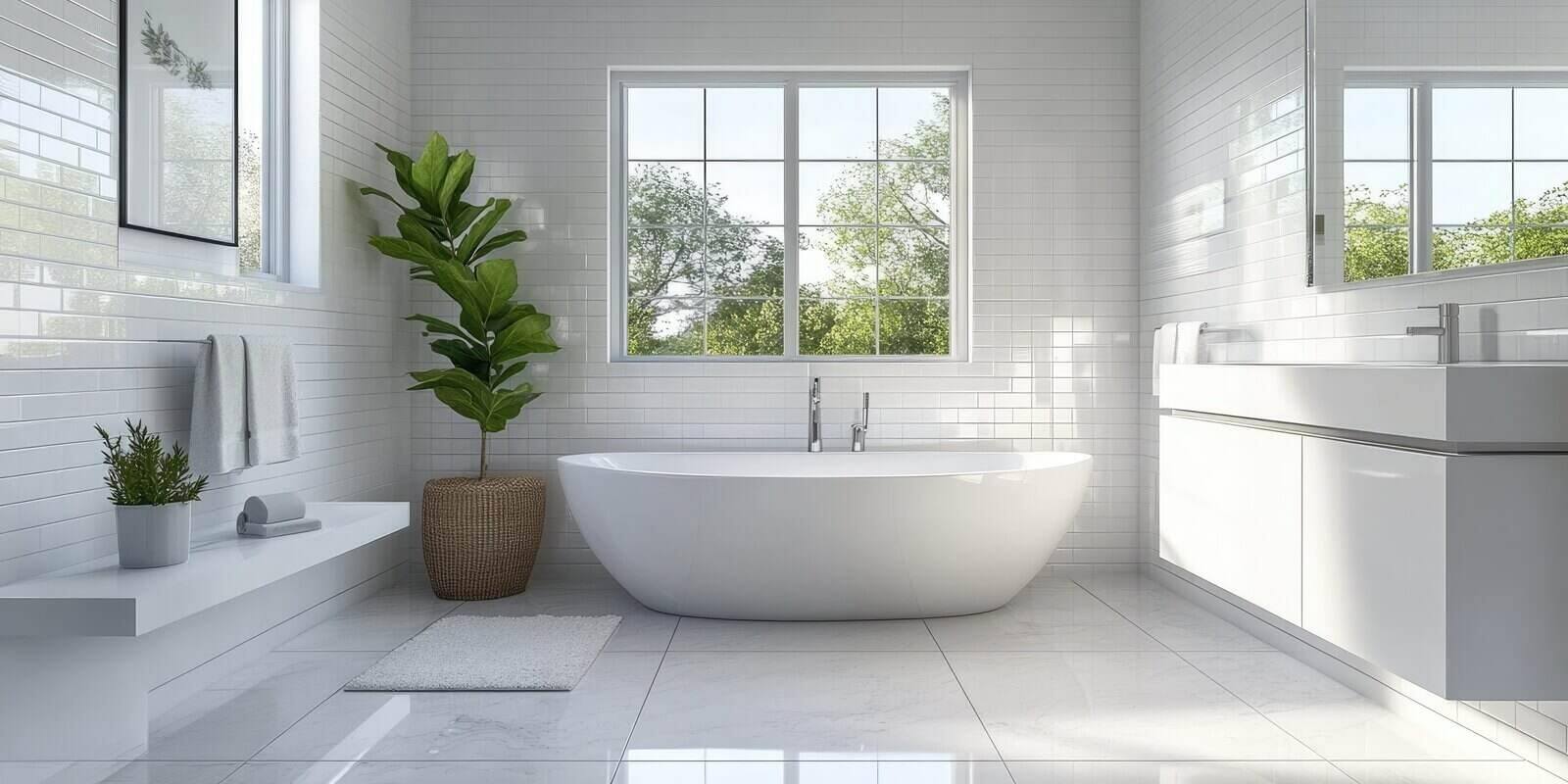 modern bathroom remodel interior with sleek white tiles, a freestanding bathtub, and a large mirror reflecting natural light