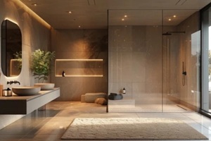 modern minimalist bathroom with large format tiles, walk-in shower with frameless glass doors, wall-mounted sink