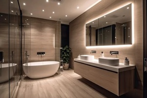 sleek grey marble bathroom with LED lighting, double vanity, and freestanding tub