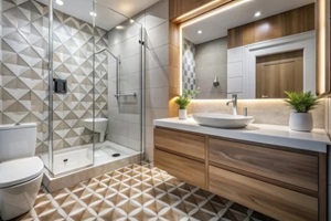 sleek modern bathroom features geometric tile flooring, white sink basin, chrome faucet, soap dispenser, toilet, and spacious walk-in shower, exuding style