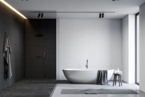 white and black bathroom with tub and shower