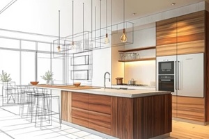 modern kitchen remodel with wooden cabinets and a sketch of the layout overlayed