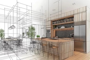 modern kitchen design, architectural sketch overlay, open plan, home renovation
