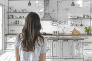 woman drawing kitchen interior design