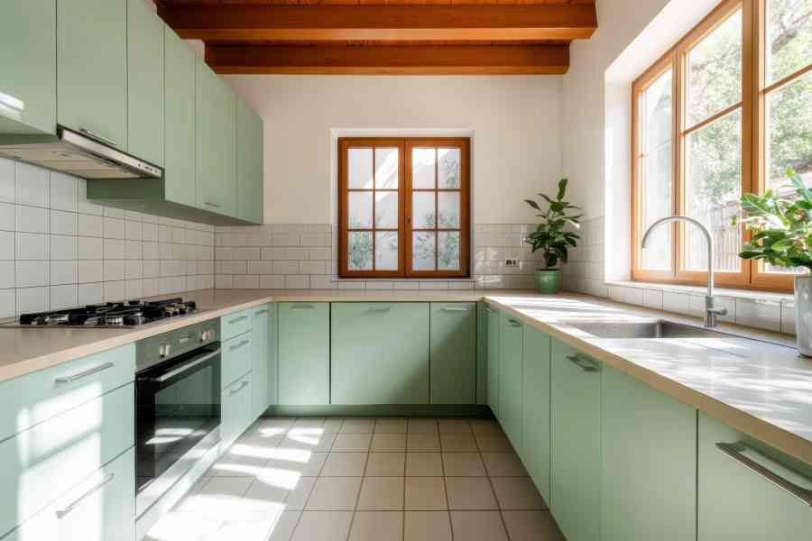 design a southwestern kitchen with terracotta tiles, wooden beams, and sunlit walls of a home in charlotte hill maryland.