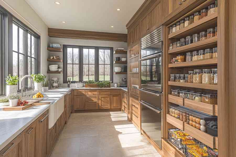 A modern kitchen with a spacious feel and well-organized storage, capturing a beautifully designed interior space of a charlotte hall maryland home.