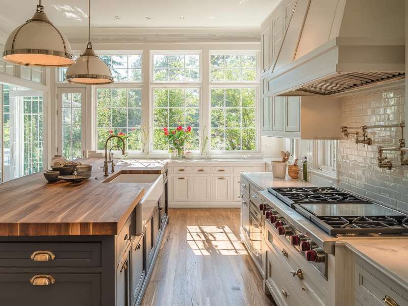 Country house kitchen cabinets with English frames in a dark kitchen decor of a california maryland home.