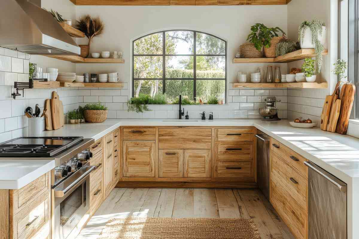 Rustic wooden kitchen with natural light and greenery, featuring open shelves and modern appliances in a st marys city maryland home.