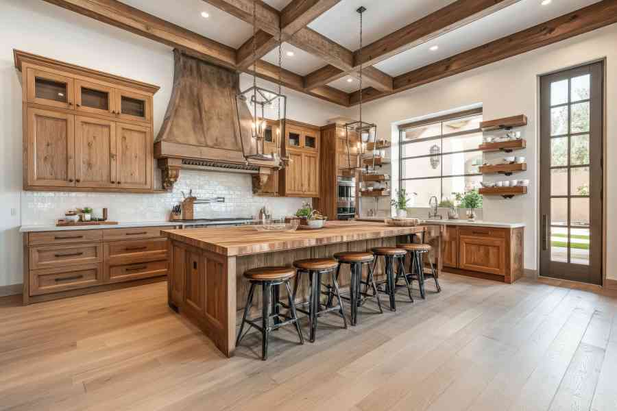 Rustic kitchen island, wood beams, mechanicsville, maryland home, outdoor view, real estate listing