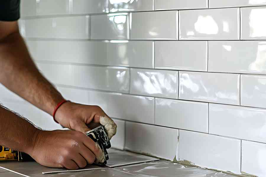 Tile worker aligning ceramic tiles on a kitchen backsplash of a mechanicsville maryland home.