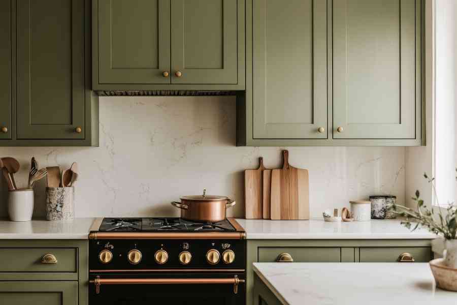 A modern kitchen with green cabinets, white marble countertops, and copper cookware in st marys city maryland.