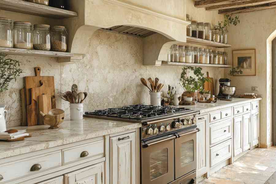 Rustic Italian kitchen with stove, open door, garden view, pantry shelves of a charlotte hall home.