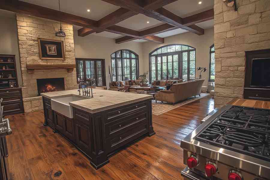Luxurious open concept kitchen living area with fireplace of a mechanicsville maryland home.