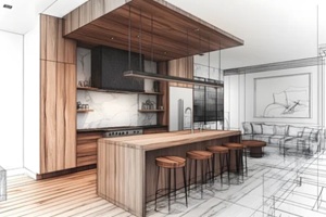 home house apartment design sketch contemporary luxurious cozy modern wooden kitchen living room area construction interior architect drawing furniture
