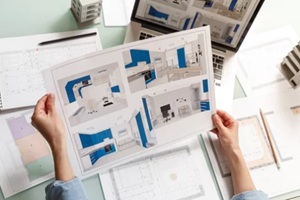 interior designer working with a kitchen visual renderings in a design bureau