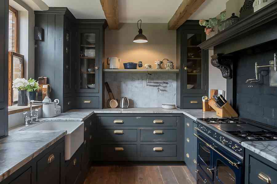 A Country house kitchen cabinets with English frames in a leonardtown home.
