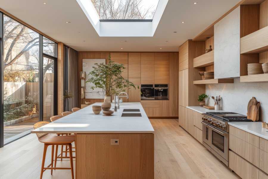 Modern kitchen with skylight, island, wood cabinets, and stainless steel appliances in a waldorf maryland home