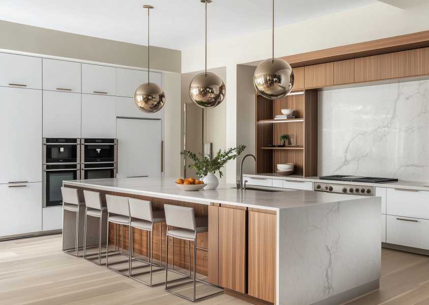 A modern kitchen with white cabinetry, light grey marble countertops, and a warm wooden island with built-in storage. Above the island, sleek metallic pendant lights add a futuristic touch in a waldorf kitchen.