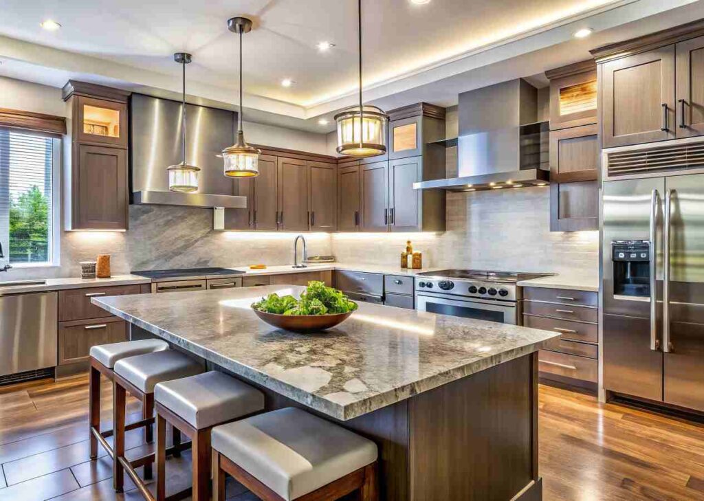 Modern luxurious kitchen with high end stainless steel appliances and elegant marble countertops low angle in a waldorf home.