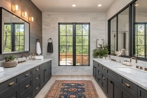 modern bathroom design featuring dual vanities and large windows overlooking a green backyard during daylight hours