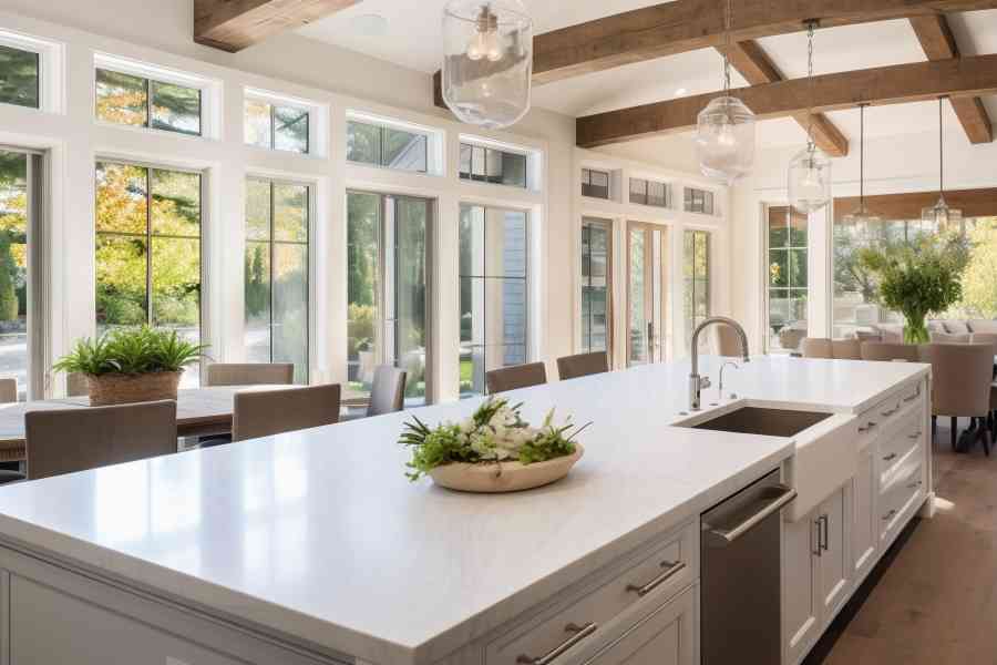 Kitchen interior in beautiful new luxury home with kitchen island and wooden floor, bright modern minimal style, with copy space in a leonardtown maryland home.