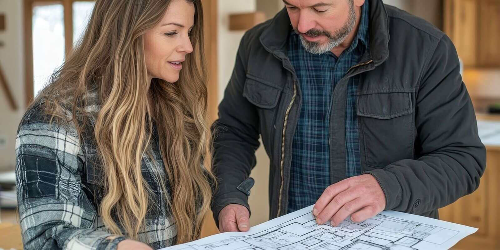 professional worker and homeowner discussing interior remodeling for a house