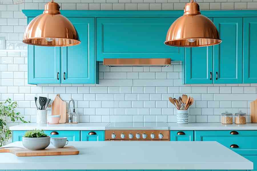Teal Kitchen Cabinets, Copper Pendant Lights, White Subway Tile Backsplash for a home in st marys city maryland.