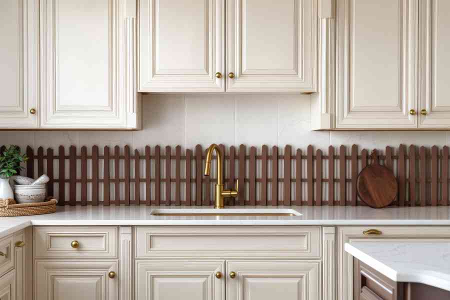 Modern kitchen sink, wood backsplash, beige cabinets of a charlotte hall maryland home.