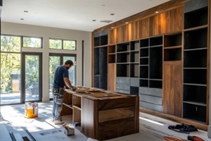 carpenter installing custom cabinets in modern home office with natural lighting
