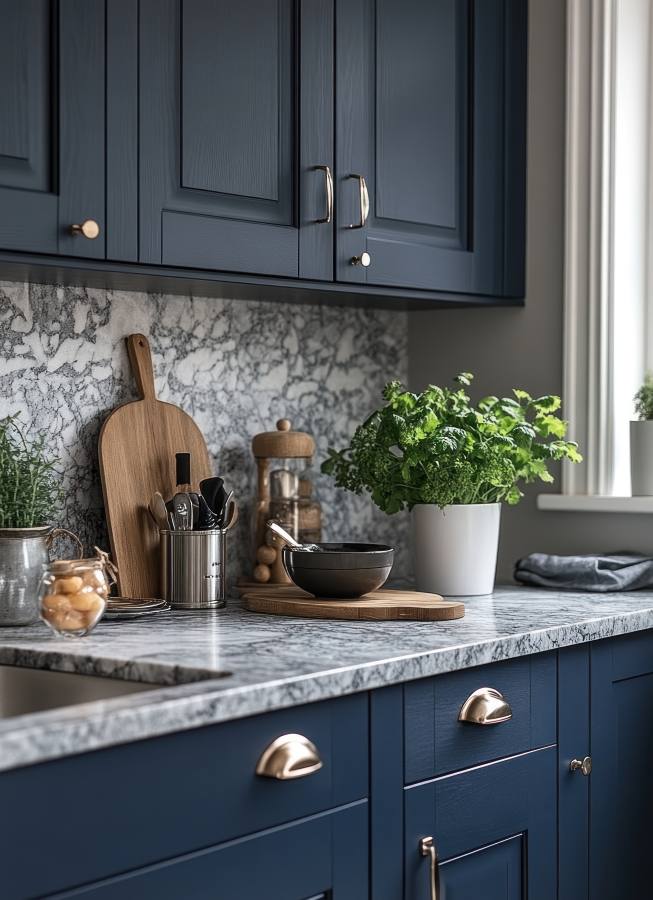 Modern, navy blue kitchen cabinets with granite countertop, featuring a variety of kitchen utensils, a cutting board, and plants.