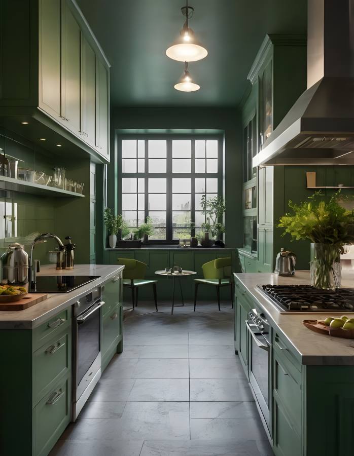 Modern kitchen with green cabinets and white table that is elegant and minimalist. This kitchen has good lighting and plenty of work space. Spacious kitchen island with comfortable seating.