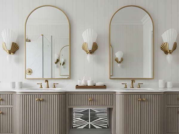Elegant bathroom interior featuring a double vanity with art deco influences and striking floor pattern