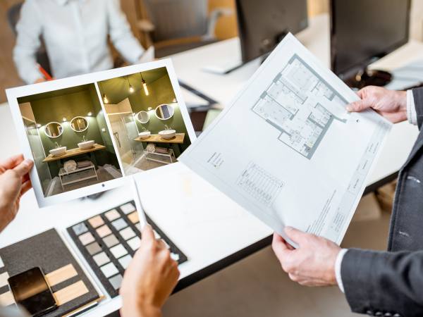 Close-up on blueprints with an architectural project in the office