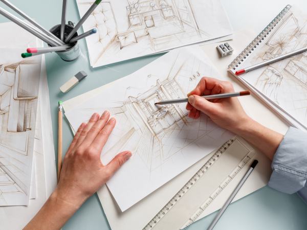 Interior designer making hand drawing pencil sketch of a bathroom