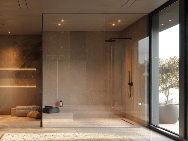 Modern minimalist bathroom with large format tiles, walk-in shower with frameless glass doors, wall-mounted sink.