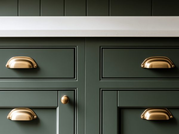 Elegant dark green kitchen cabinet hardware with brass handles adorning modern cabinetry featuring white countertops and stylish design