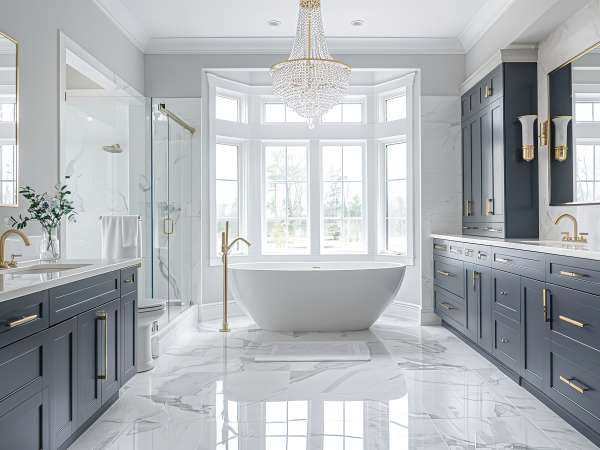 photo of a large master bathroom with white marble floors