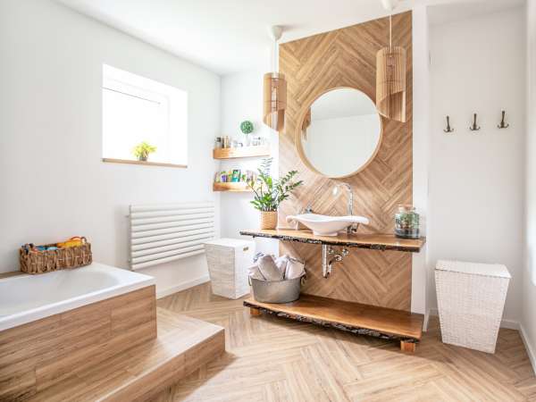 Boho style bathroom interior.